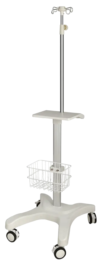 ISS 032 - infuzní stojan s 4mi kolečky, odkládacím stolkem a košem, bílý